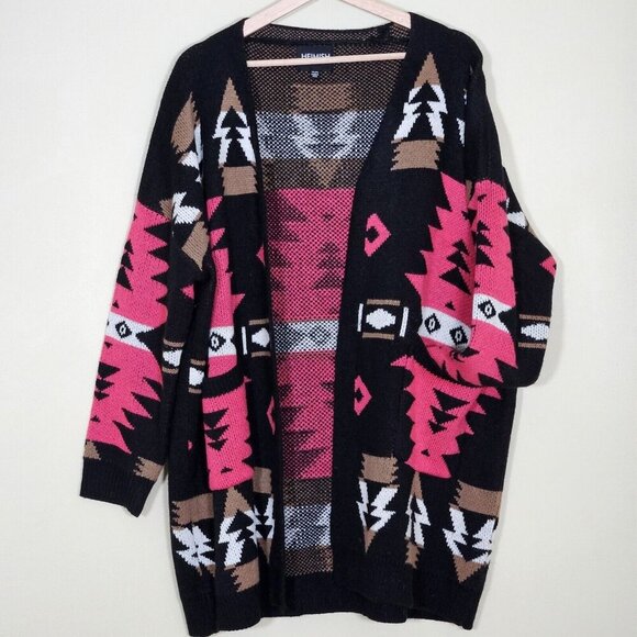 Heimish Cardigan Womens 1XL/2XL Multicolor Pockets LS Geo Aztec Tribal Boho Open - Picture 1 of 13